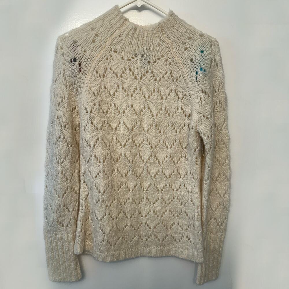 Loft Women’s (M) Ivory Open Knit Sweater Long Sleeve Mock Neck Pointelle